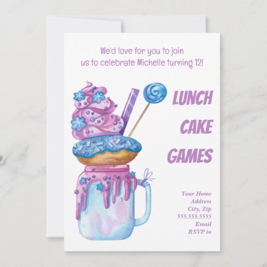 Paarse Blauw Dessert Waterverf Verjaardagsuitnodig Kaart (Achterkant)