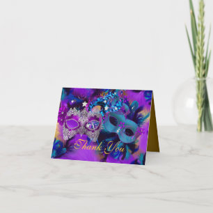 Paarse blauw en gouden maskers maskerade dank u ka bedankkaart