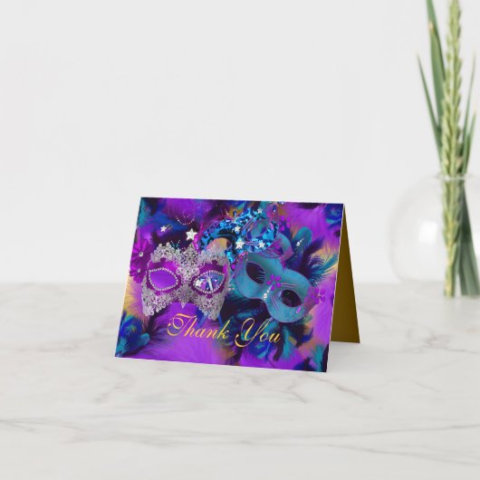 Paarse blauw en gouden maskers maskerade dank u ka bedankkaart (Voorkant)