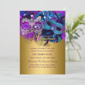 Paarse Blauw- en goudmaskers Masquerade Party uitn Kaart (Staand voorkant)