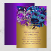 Paarse Blauw- en goudmaskers Masquerade Party uitn Kaart (Voorkant / Achterkant)