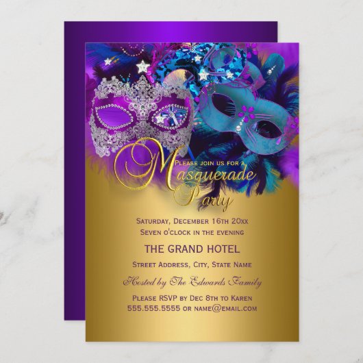 Paarse Blauw- en goudmaskers Masquerade Party uitn Kaart (Voorkant / Achterkant)