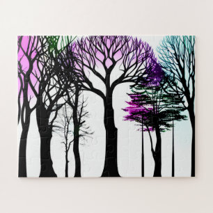 Paarse blauw en groen op zwarte bomen voor kindere legpuzzel