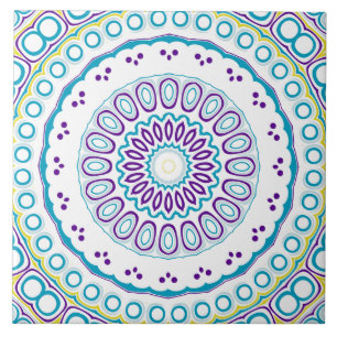 Paarse Blauw Geel Mandala Kaleidoscoop Medaillon Tegeltje