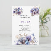 Paarse blauw geschilderde bloemige verlovingsfeest kaart (Staand voorkant)