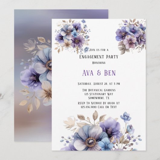 Paarse blauw geschilderde bloemige verlovingsfeest kaart (Voorkant / Achterkant)