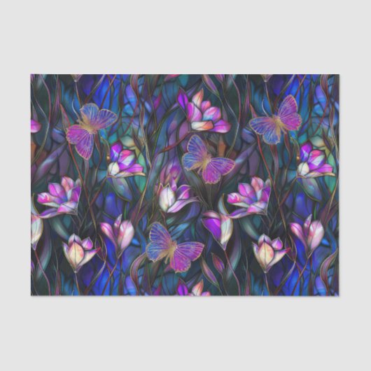 Paarse blauw Glas in lood look tulpen vlinders Tissuepapier (Voorkant)