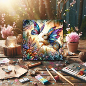 Paarse Blauw Glazen in lood Vlinder Konijnenpasen Feestdagenkaart