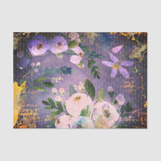  paarse Blauw Goud Bloemen waterverf Script Tissuepapier (Voorkant)