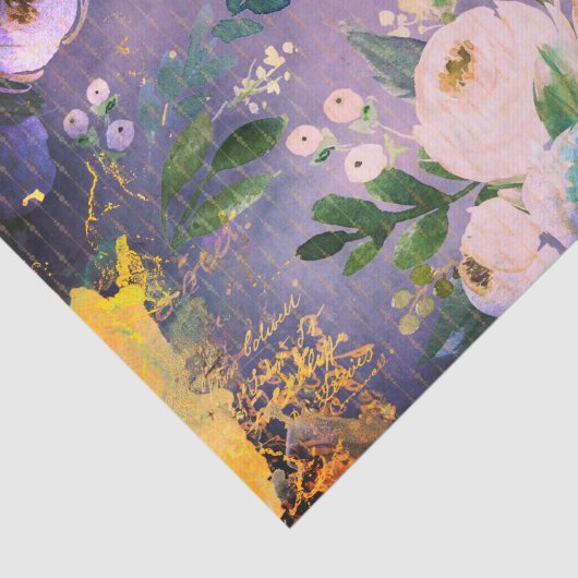  paarse Blauw Goud Bloemen waterverf Script Tissuepapier (Detail)