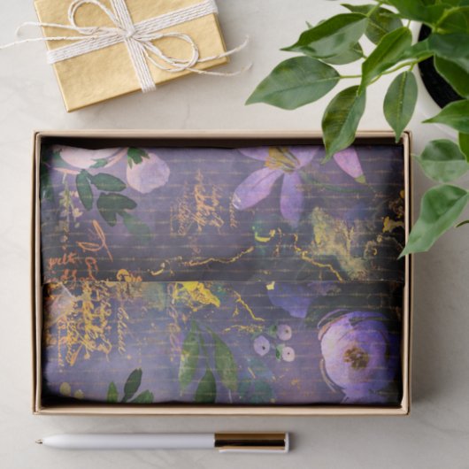  paarse Blauw Goud Bloemen waterverf Script Tissuepapier (Geschenk)