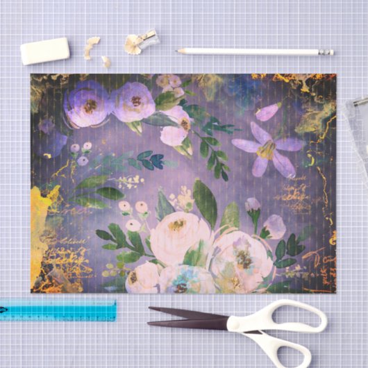  paarse Blauw Goud Bloemen waterverf Script Tissuepapier (Craft)