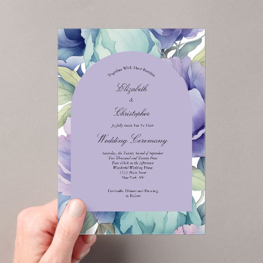 Paarse Blauw Groene Bloemboog Wedding Acryl Uitnodigingen (Insitu (Draagbaar))