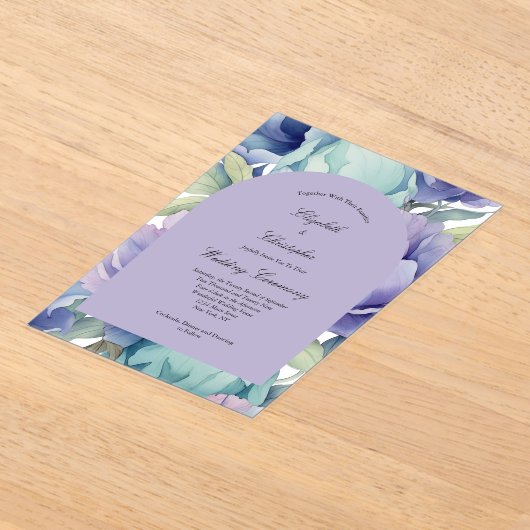 Paarse Blauw Groene Bloemboog Wedding Acryl Uitnodigingen (Laagn)