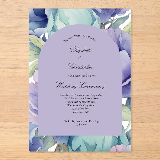 Paarse Blauw Groene Bloemboog Wedding Acryl Uitnodigingen (Voorkant)