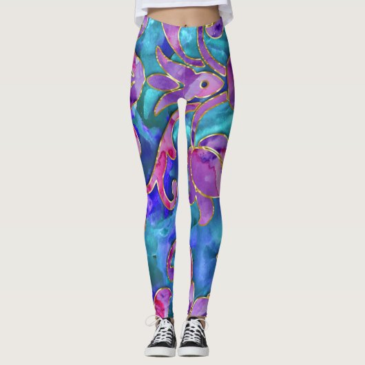 Paarse Blauw Roze Waterverf Damask Ontwerp Leggings (Voorkant)