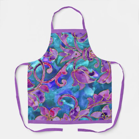 Paarse Blauw Roze Waterverf Damask Ontwerp Schort (Voorkant)