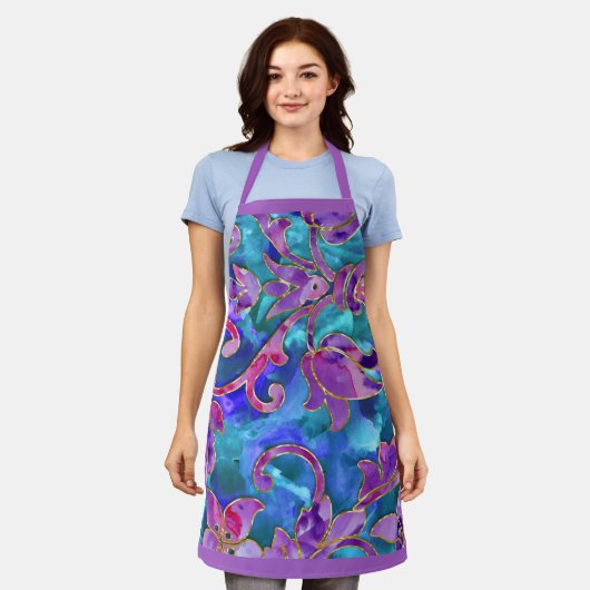 Paarse Blauw Roze Waterverf Damask Ontwerp Schort (Gedragen)