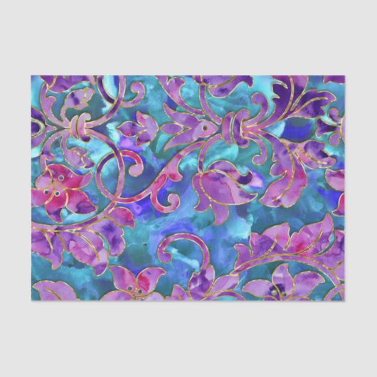 Paarse Blauw Roze Waterverf Damask Ontwerp Tissuepapier (Voorkant)