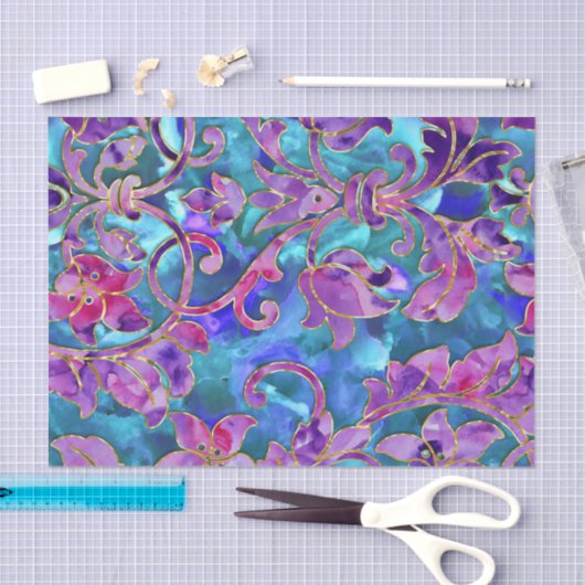 Paarse Blauw Roze Waterverf Damask Ontwerp Tissuepapier (Craft)