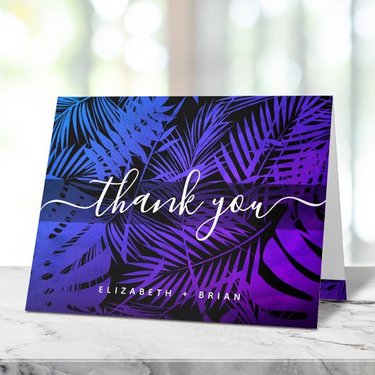 Paarse blauw tropisch palmblad patroon scriptnaam bedankkaart