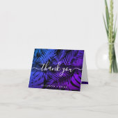 Paarse blauw tropisch palmblad patroon scriptnaam bedankkaart (Voorkant)