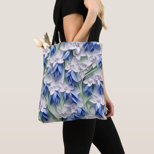 PAARSE BLAUW WIT 3DLOOK BLUEBELL FLOWERS TOTE BAG (Dichtbij)