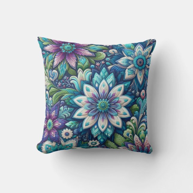 Paarse Blauw Wit Bloemontwerp Kussen (Voorkant)