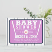 Paarse Blauw Witte Pinstripes Baseball Baby shower Kaart (Staand voorkant)