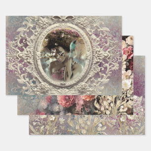 Paarse & Blauwe Afro Vrouw Portret Bloemen Boeket Inpakpapier Vel