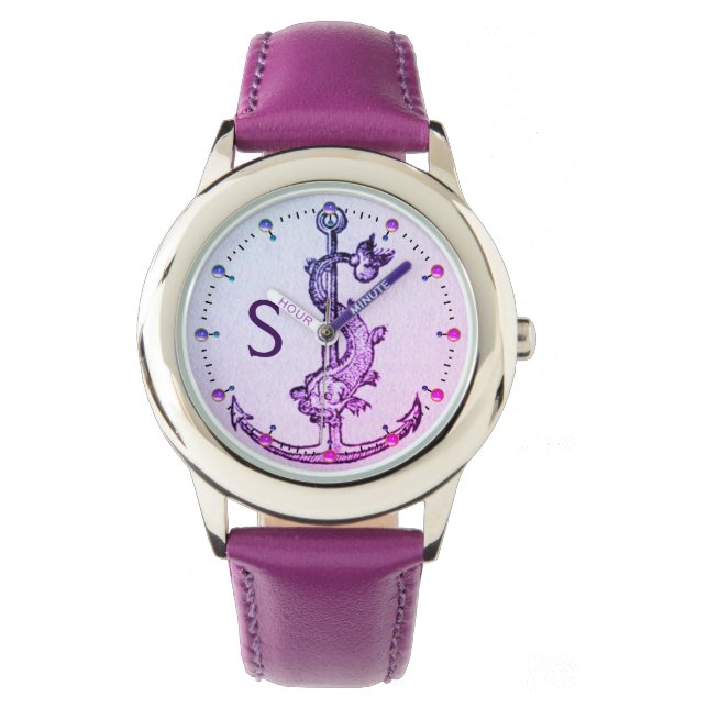 PAARSE BLAUWE ANCHOR MET VISNAUTIEKE MONOGRAM HORLOGE (Voorkant)
