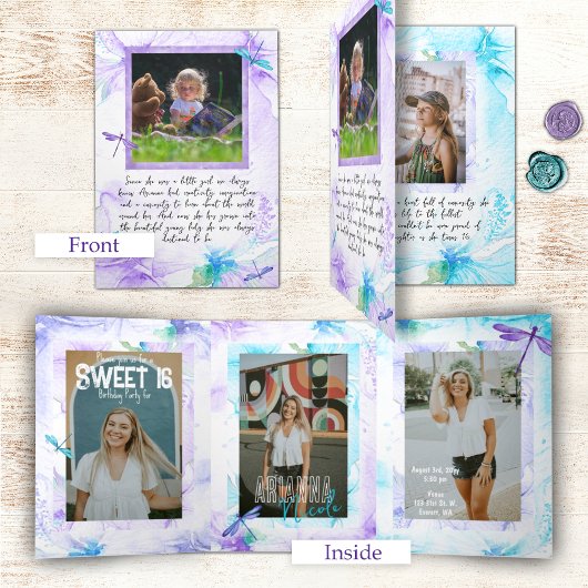 Paarse, Blauwe, Aqua Dragonfly Sweet 16 foto Versp Drieluik Uitnodiging