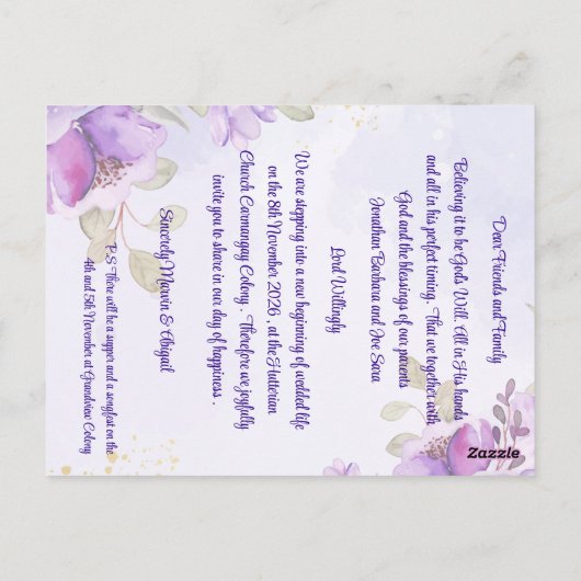 Paarse Blauwe Aquarel Bloem Bruiloft Uitnodiging (Achterkant)