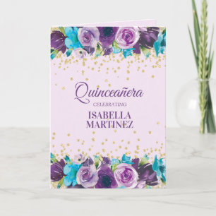 Paarse Blauwe Aquarel Bloem Quinceañera Foto Kaart