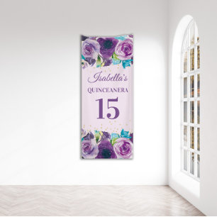 Paarse Blauwe Aquarel Bloem Quinceañera  Spandoek