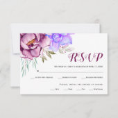 Paarse, blauwe aquarel bloemen bloemige bruiloft RSVP kaartje (Voorkant)