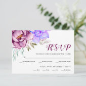Paarse, blauwe aquarel bloemen bloemige bruiloft RSVP kaartje (Staand voorkant)