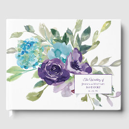 Paarse Blauwe Aquarel Bloemige Bruiloft Gastenboek
