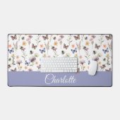 Paarse Blauwe Aquarel Wilde Bloem Monogram Naam Bureaumat (Keyboard & Muis)