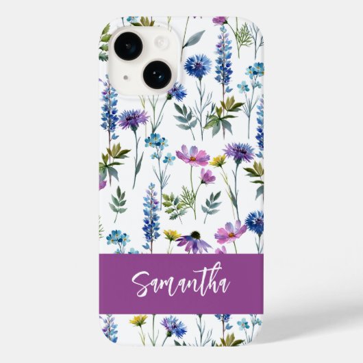 Paarse Blauwe Aquarel Wilde Bloem Naam Case-Mate iPhone Case (Achterkant)