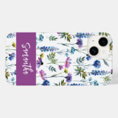 Paarse Blauwe Aquarel Wilde Bloem Naam Case-Mate iPhone Case (Achterkant (horizontaal))