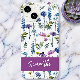 Paarse Blauwe Aquarel Wilde Bloem Naam Case-Mate iPhone 14 Hoesje