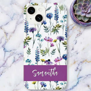 Paarse Blauwe Aquarel Wilde Bloem Naam Case-Mate iPhone 14 Hoesje