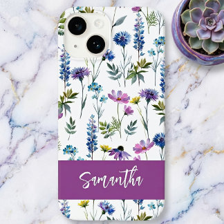 Paarse Blauwe Aquarel Wilde Bloem Naam Case-Mate iPhone 14 Hoesje