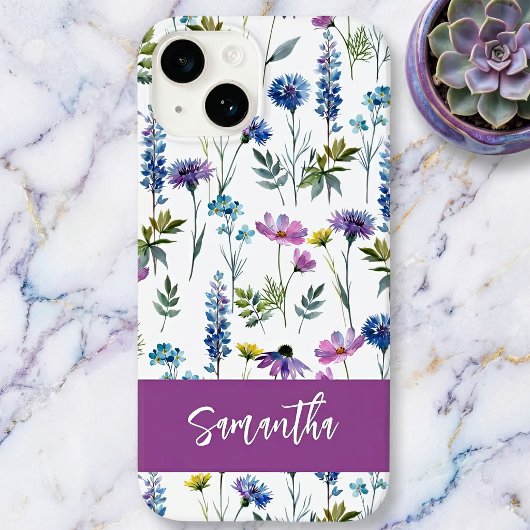 Paarse Blauwe Aquarel Wilde Bloem Naam Case-Mate iPhone Case