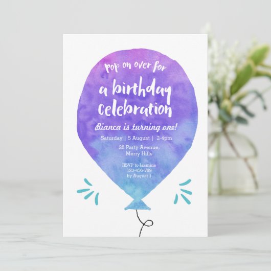Paarse Blauwe Ballon Uitnodiging (Staand voorkant)