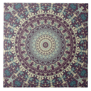 Paarse Blauwe Beige Mandala Kaleidoscoop Medaillon Tegeltje