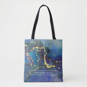 Paarse blauwe Blauwgroen en gouden Abstracte Vloei Tote Bag