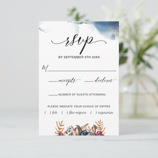 Paarse Blauwe Blauwgroen Waterverf & Floral Maalti RSVP Kaartje (Staand voorkant)