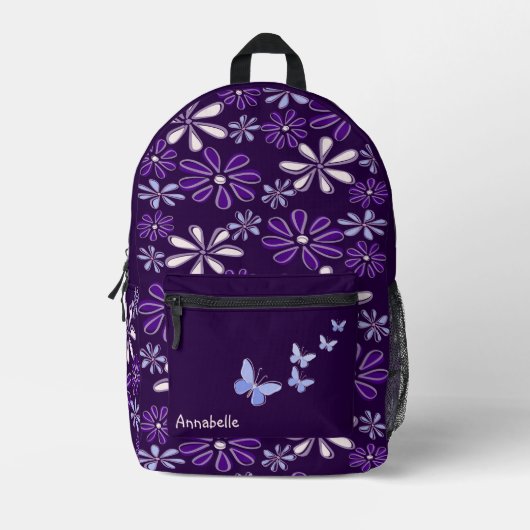 Paarse Blauwe Bloem Doodle Patroon Bedrukte Rugzak (Voorkant)
